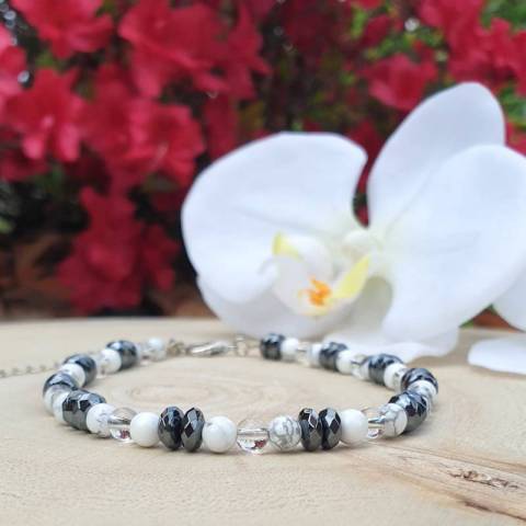 Bracelet de cheville cristal de roche, hmatite et howlite - pierres naturelles 4mm