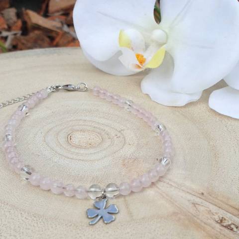 Bracelet de cheville quartz rose et cristal de roche - pierres naturelles 4mm