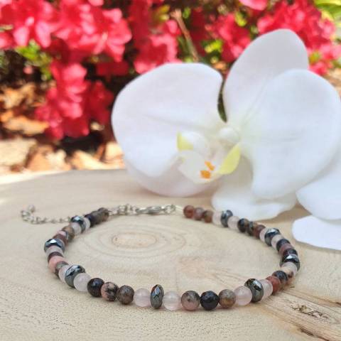 Bracelet de cheville quartz rose, rhodonite et hmatite - pierres naturelles 4mm
