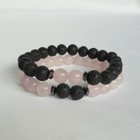 Bracelets duo en pierres naturelles de Quartz rose et Pierre de lave - perles 8mm