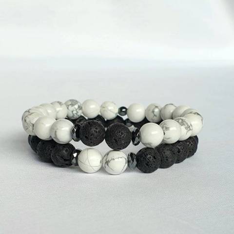 Bracelets duo en pierres naturelles howlite et pierre de lave - perles 8mm