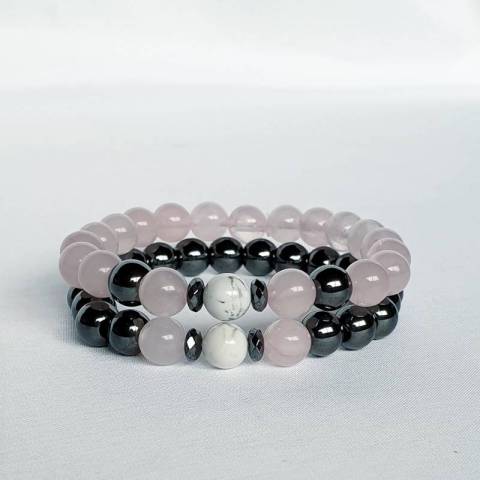 Bracelets duo en pierres naturelles quartz rose et hmatite - perles 8mm