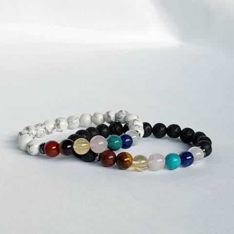 Bracelets duo en pierres naturelles 7 chakras pierre de lave et howlite - perles 8mm
